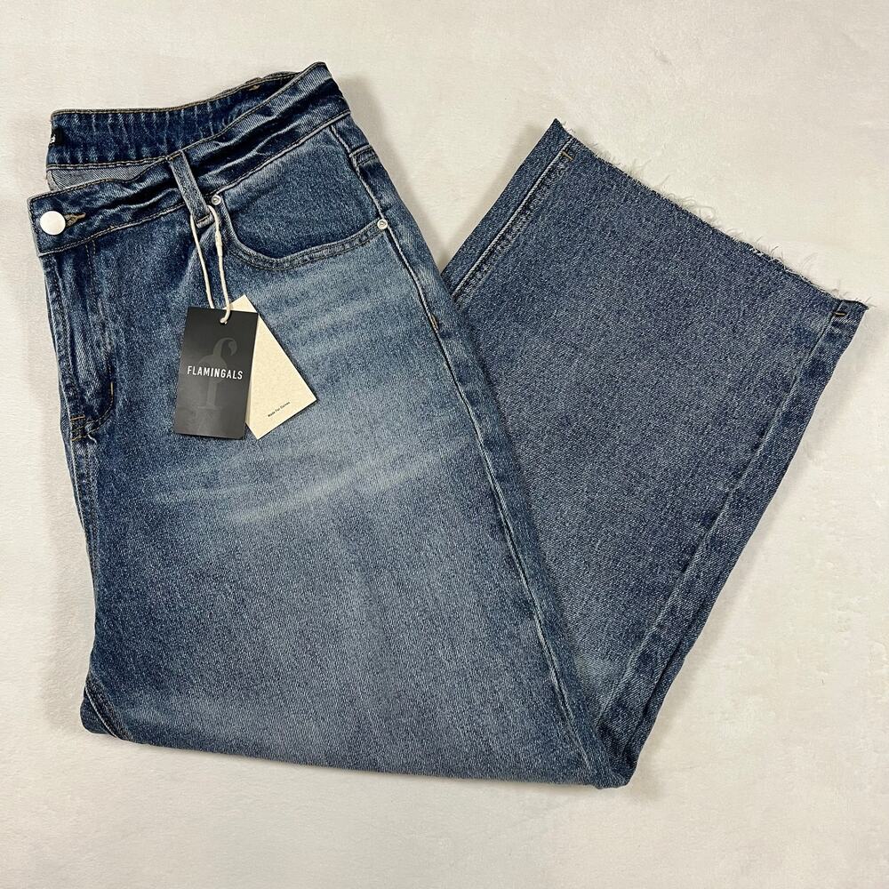 Flamingals Women's high-rise wide leg crop denim jeans NWT